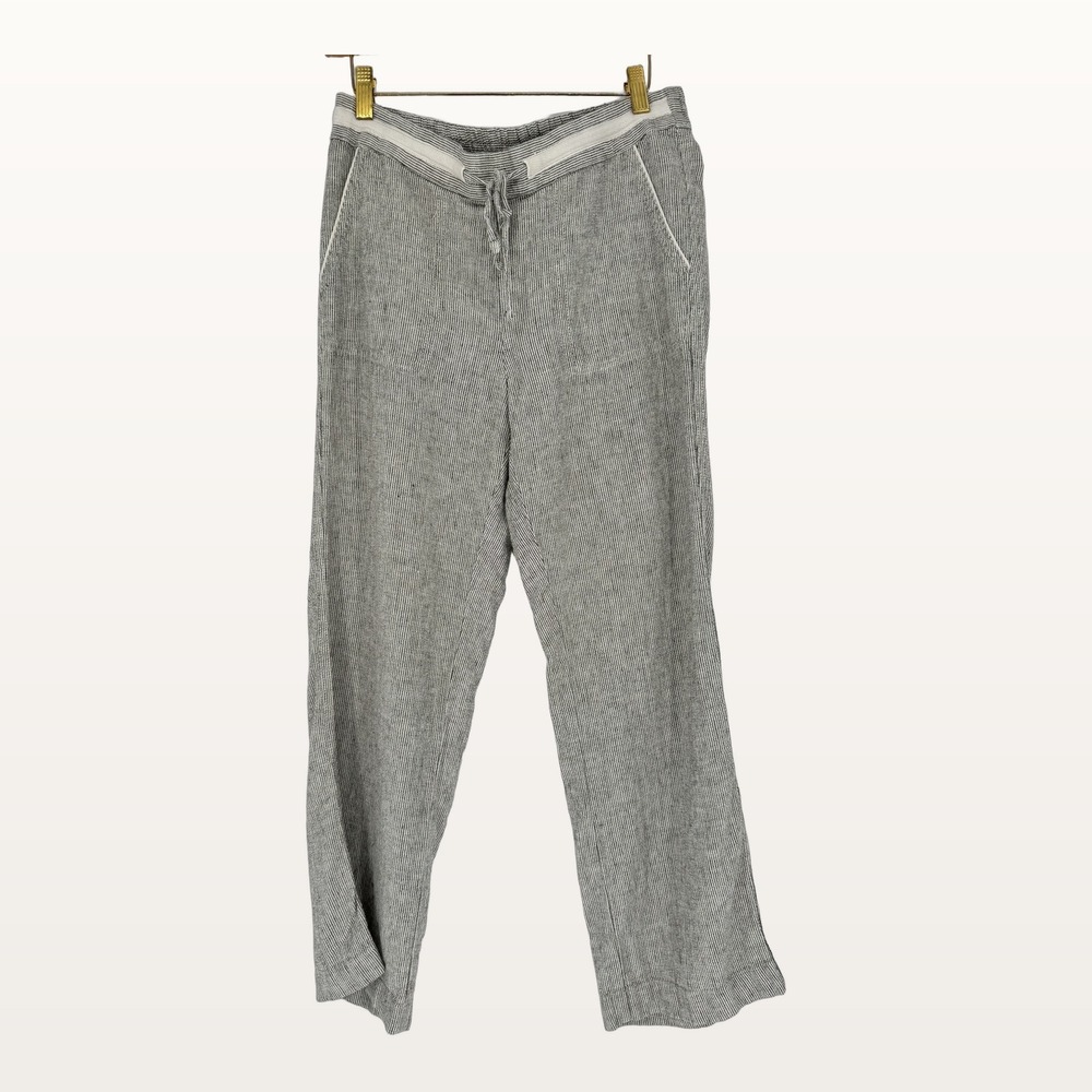 Linen Striped Pants Womens M Gray White Coastal Grandmother Beach Relaxed Summer